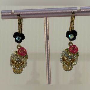 Betsey Johnson Vampire Slayer Skull Rose Earrings Crystal Dangle Goth Punk